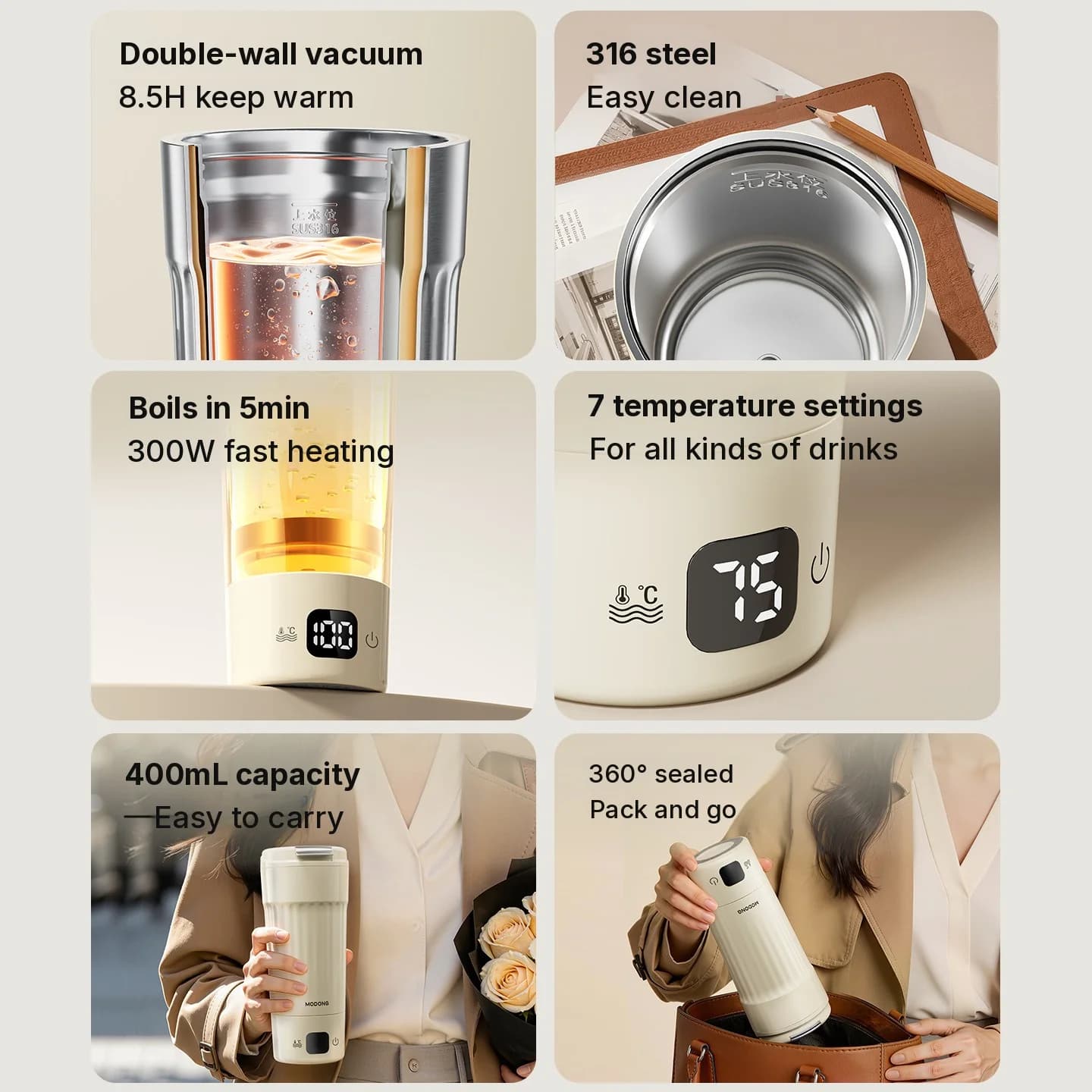 Φορητή ηλεκτρική κούπα θέρμανσης, 400mL, 7 ρυθμίσεις θερμοκρασίας